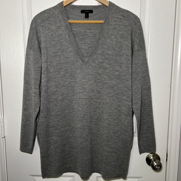 J Crew Womens Marino Wool Tunic Sweater V-Neck Small Hidden Pockets Heather Gray - Picture 1 of 9